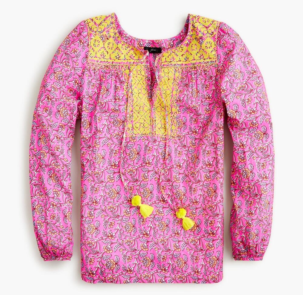 J Crew Embroidered Cotton Voile Peasant Top Pink Yellow Floral Tassel AM848 XXS